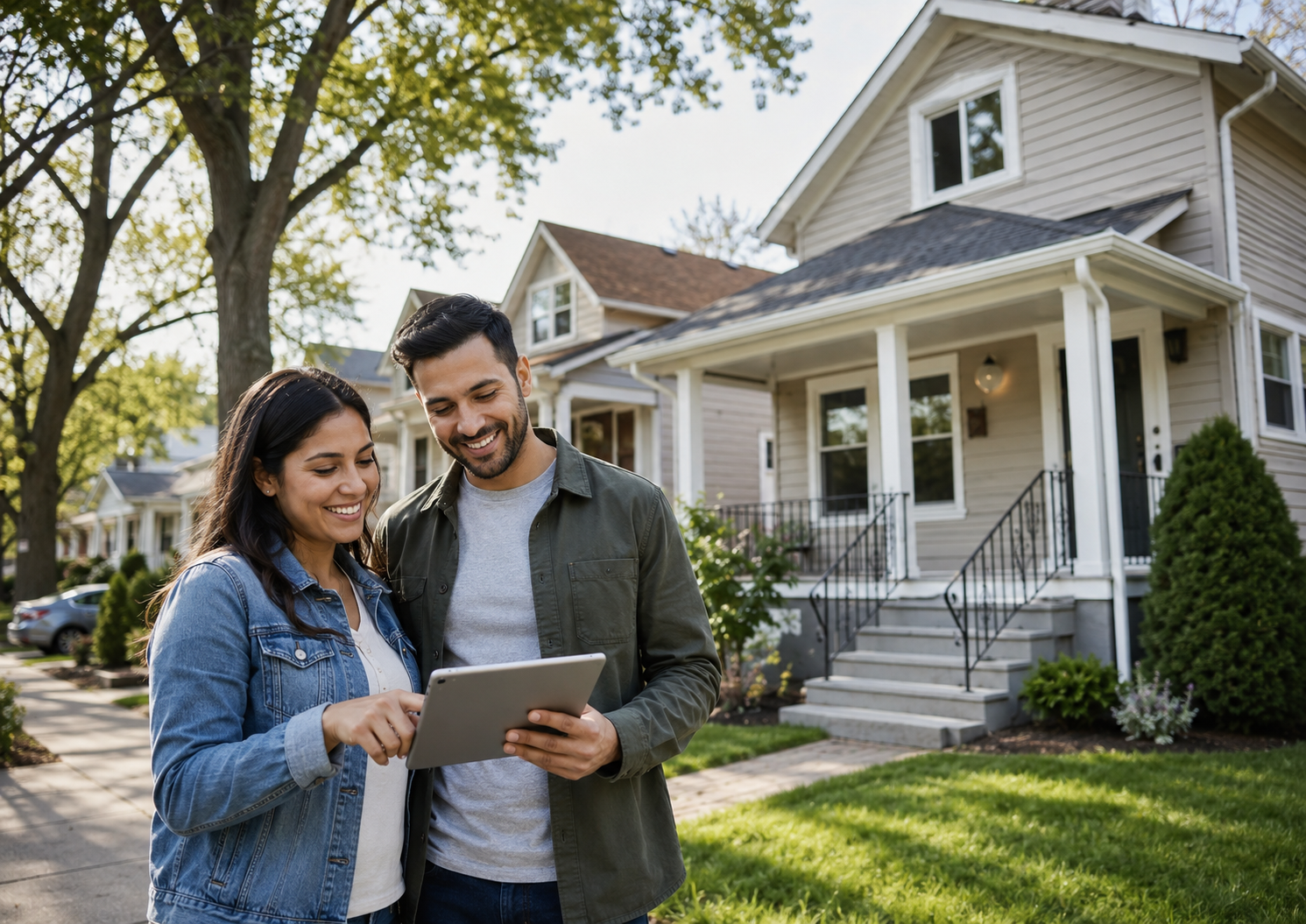 First-time buyer couple reviewing home options on a tablet in front of a modest Prospect Park NJ home, highlighting affordability and buyer opportunity in the 2026 North Jersey housing market.