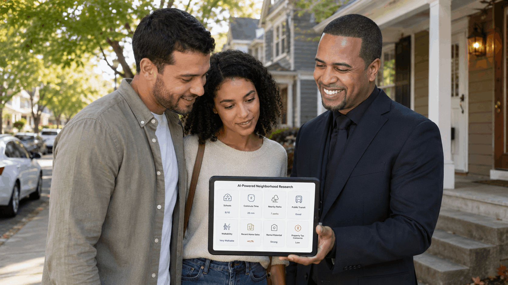 AI-powered neighborhood research for North Jersey home buyers comparing schools, commute times, parks, taxes, and recent home sales before a showing.