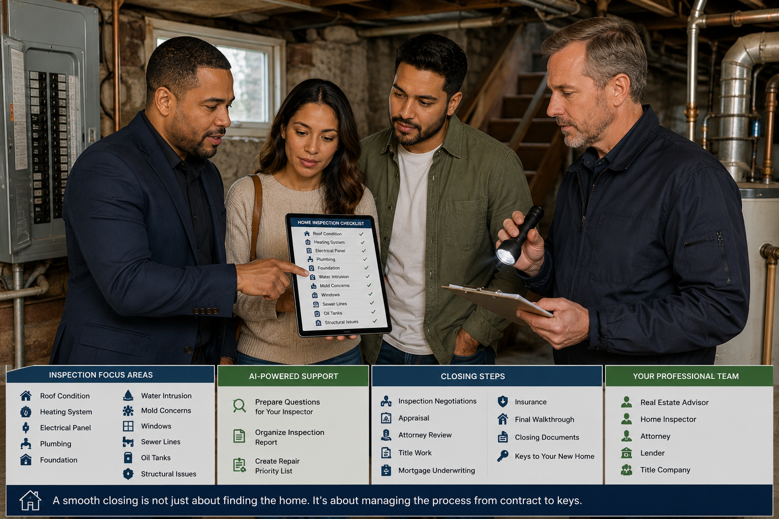 North Jersey home buyers reviewing an inspection and closing checklist with a real estate advisor and home inspector before closing.