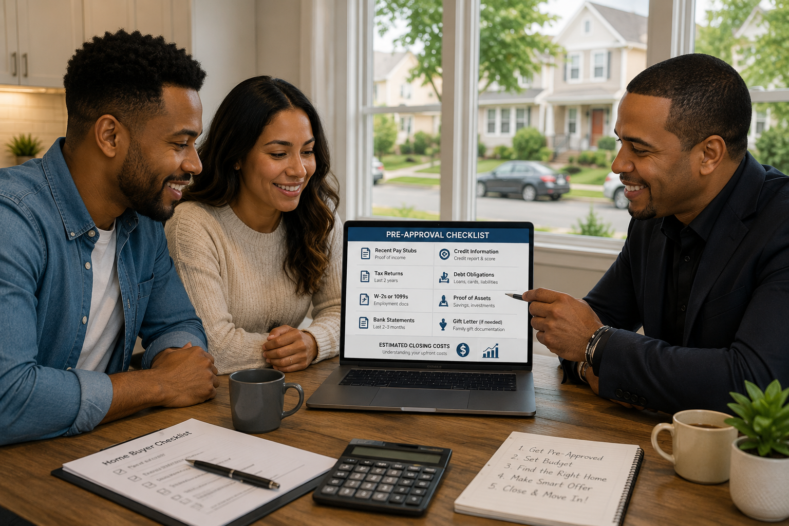 North Jersey first-time home buyers reviewing a mortgage pre-approval checklist with a real estate advisor before touring homes.