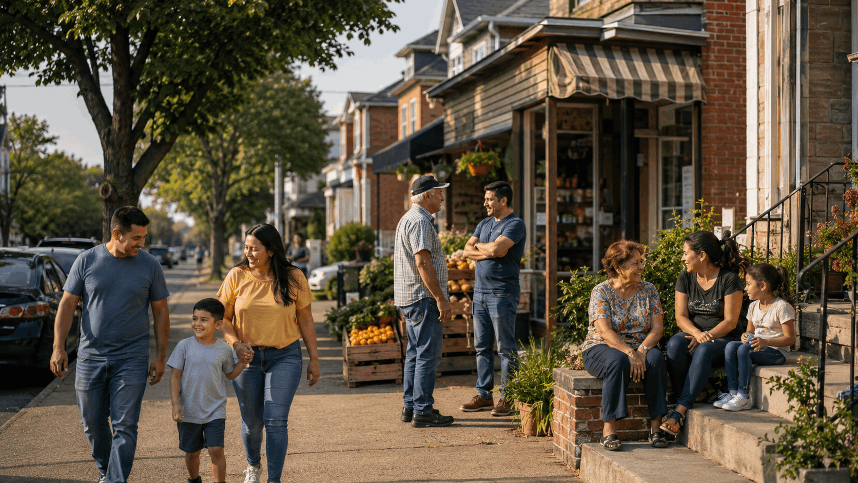 Diverse Prospect Park NJ neighborhood street scene with families, neighbors, and small local businesses, highlighting community identity and real estate appeal in North Jersey.
