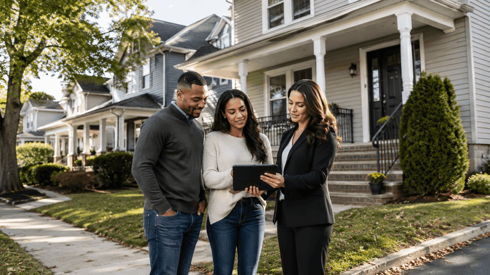 Prepared first-time buyers reviewing an offer strategy with a real estate agent outside a Prospect Park NJ home in a competitive 2026 North Jersey housing market.