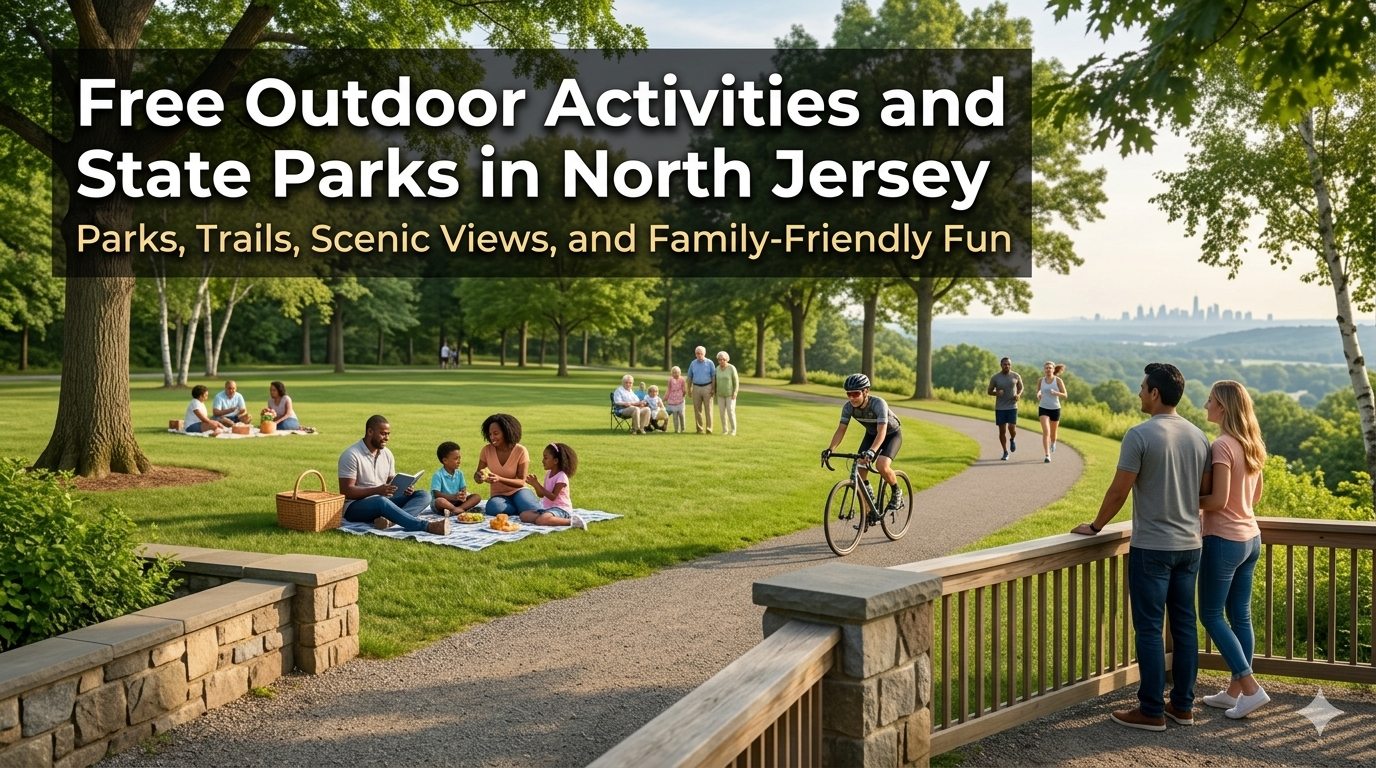 Families picnicking, a cyclist, and a couple enjoying a scenic overlook at a North Jersey state park with lush green trails, mature trees, and a distant New York City skyline — free outdoor activities in North Jersey