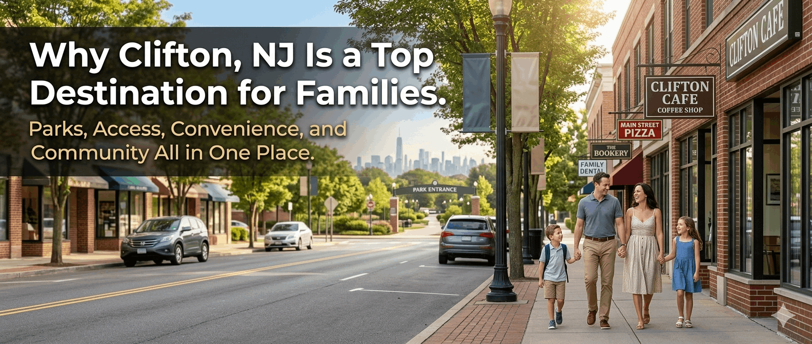 Family of four walking along a sunny tree-lined main street in Clifton, NJ with local storefronts, a park entrance, and the New York City skyline visible in the distance — Clifton NJ top destination for families