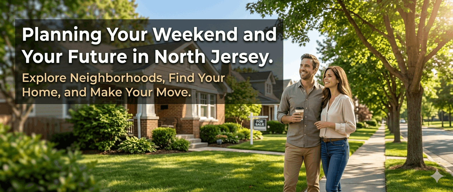 Happy couple with coffee walking along a tree-lined suburban sidewalk in front of a brick home with a For Sale sign on a sunny afternoon in North Jersey — planning your future in North Jersey real estate