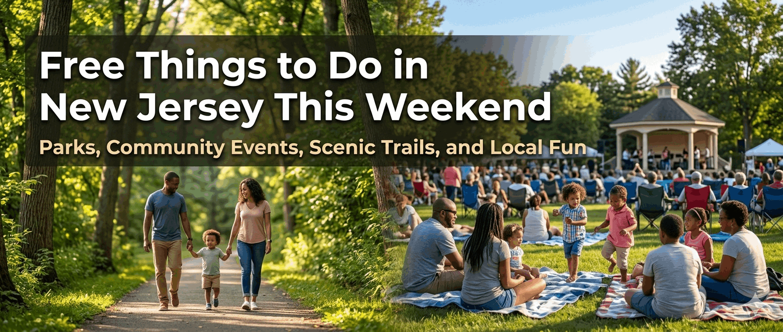 Family walking a tree-lined park trail and diverse community enjoying a free outdoor concert on a sunny lawn in North Jersey — free things to do in New Jersey this weekend