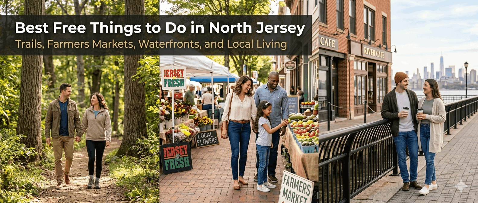 A couple hiking a wooded trail, a family shopping at a Jersey Fresh farmers market, and two friends with coffee enjoying a waterfront view with the New York City skyline — best free things to do in North Jersey