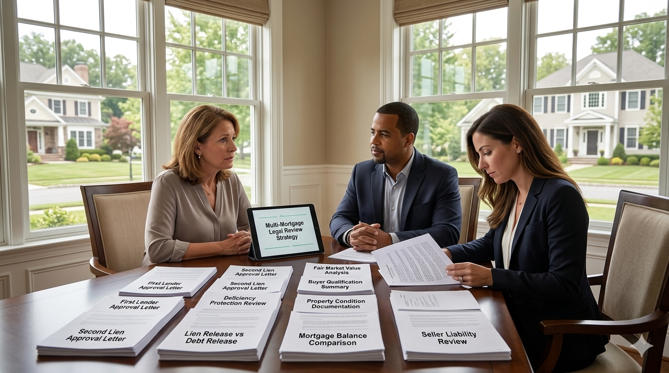 Short sale attorney and real estate advisor reviewing multi-mortgage approval letters with a Ridgewood NJ homeowner, including deficiency protection, lien release language, fair market value analysis, buyer qualification, and seller liability review.