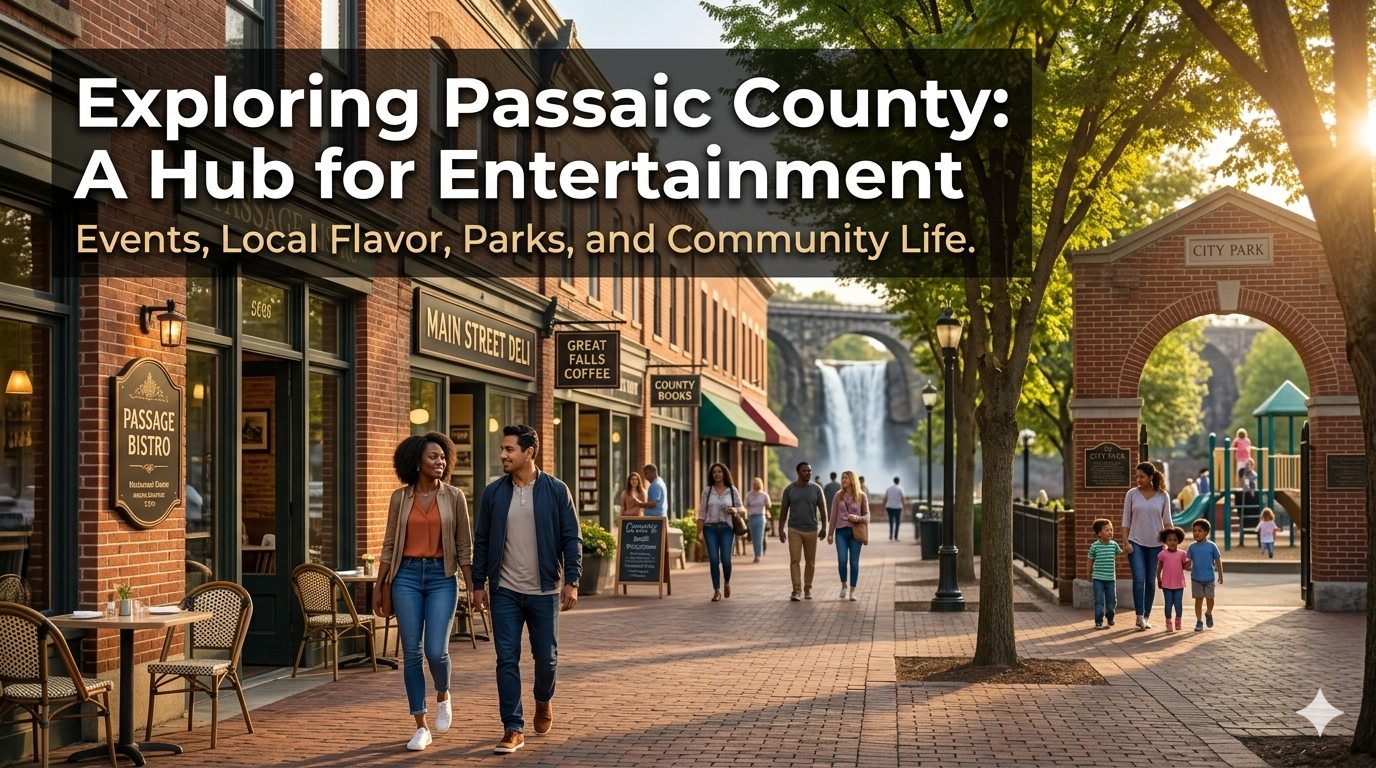 A couple walking past local brick storefronts, a family entering a city park, and a scenic waterfall landmark in the background of a vibrant Passaic County North Jersey street — things to do in Passaic County
