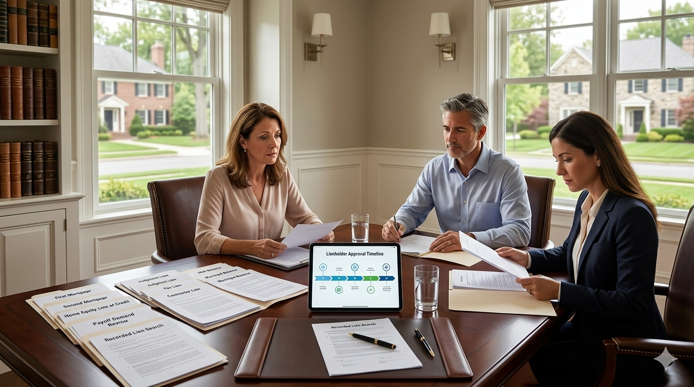 Short sale attorney and real estate advisor reviewing multi-lien coordination for a Ridgewood NJ premium home short sale, including first mortgage, second mortgage, HELOC, tax liens, payoff demands, and lienholder approval timeline.