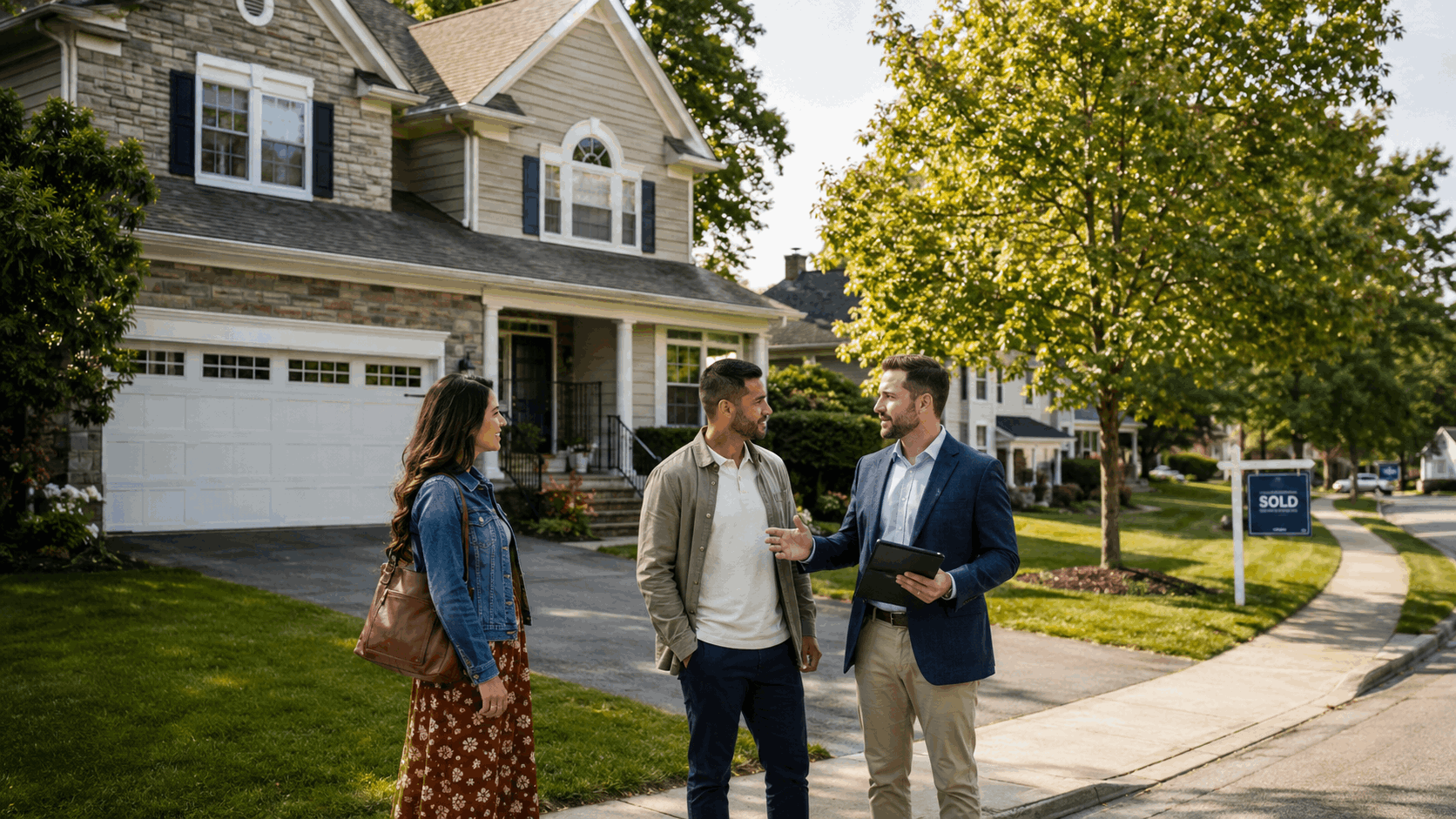 North Haledon real estate image showing a local advisor with serious buyers outside a well-maintained suburban home, highlighting long-term value and buyer demand.
