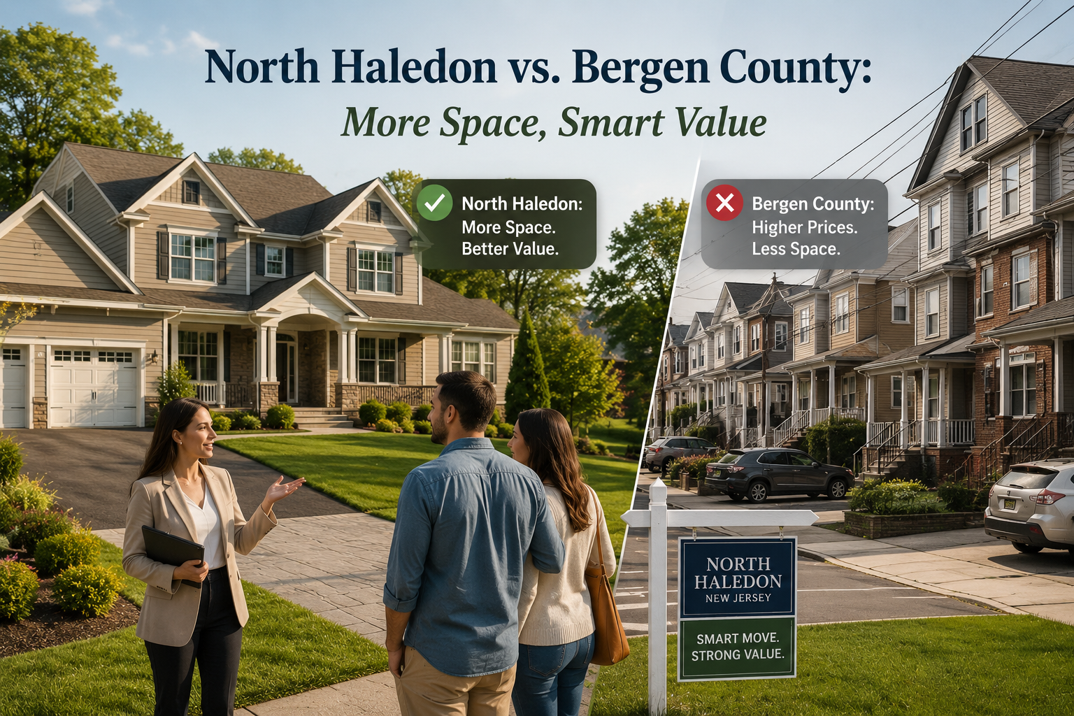 North Haledon vs Bergen County real estate comparison showing a spacious suburban home, local advisor, and serious buyers highlighting more space and smart value.