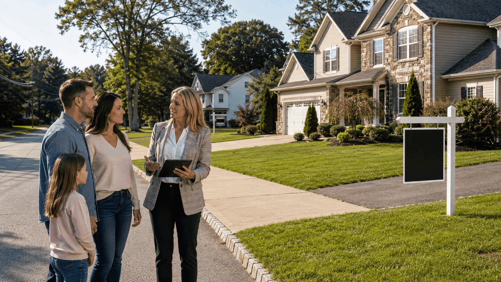 North Haledon inventory image showing a local real estate advisor with a homebuyer family outside a suburban home on a quiet residential street, highlighting limited homes for sale.
