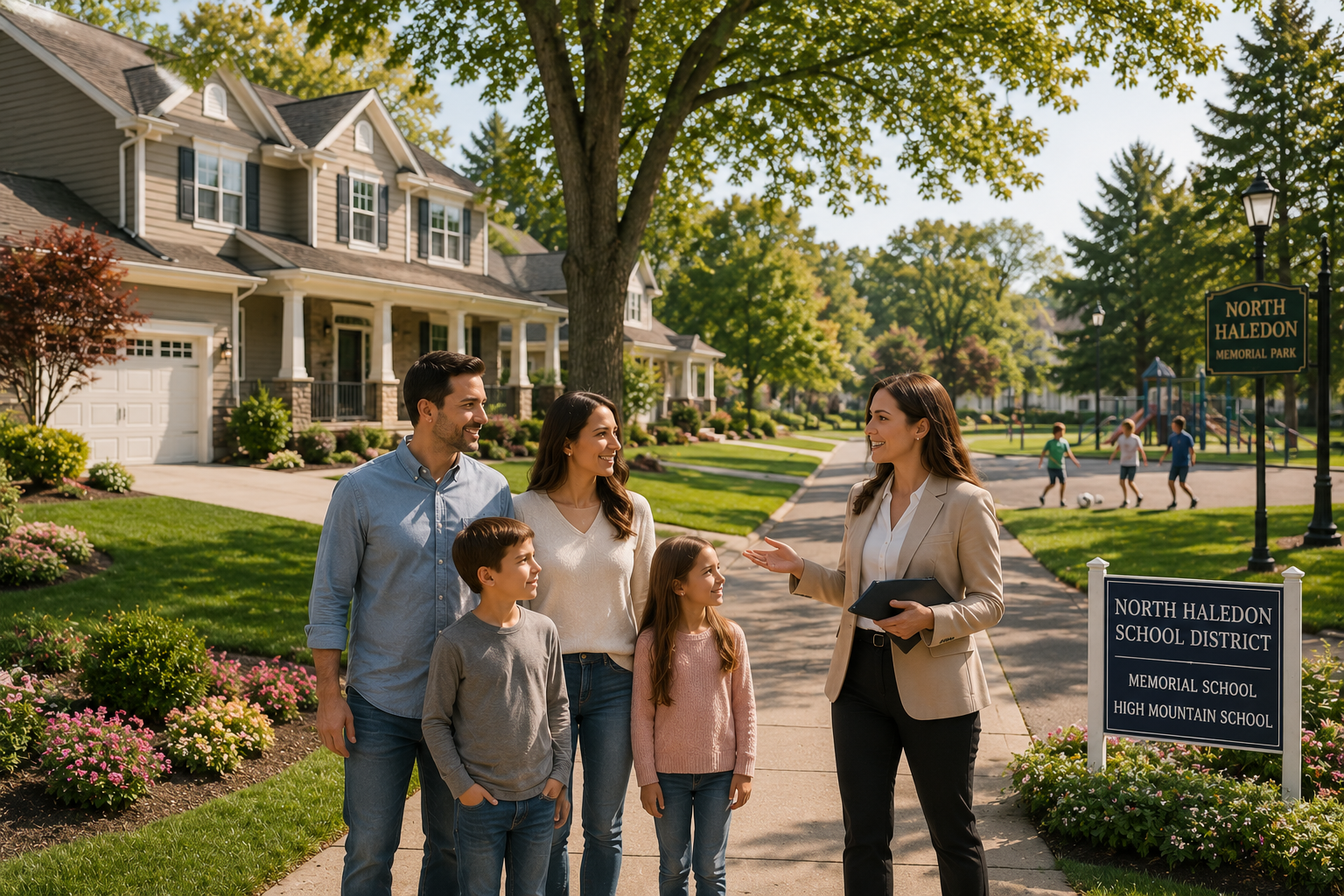North Haledon family lifestyle image showing a local real estate advisor with homebuyers near a suburban home, school district sign, and neighborhood park.
