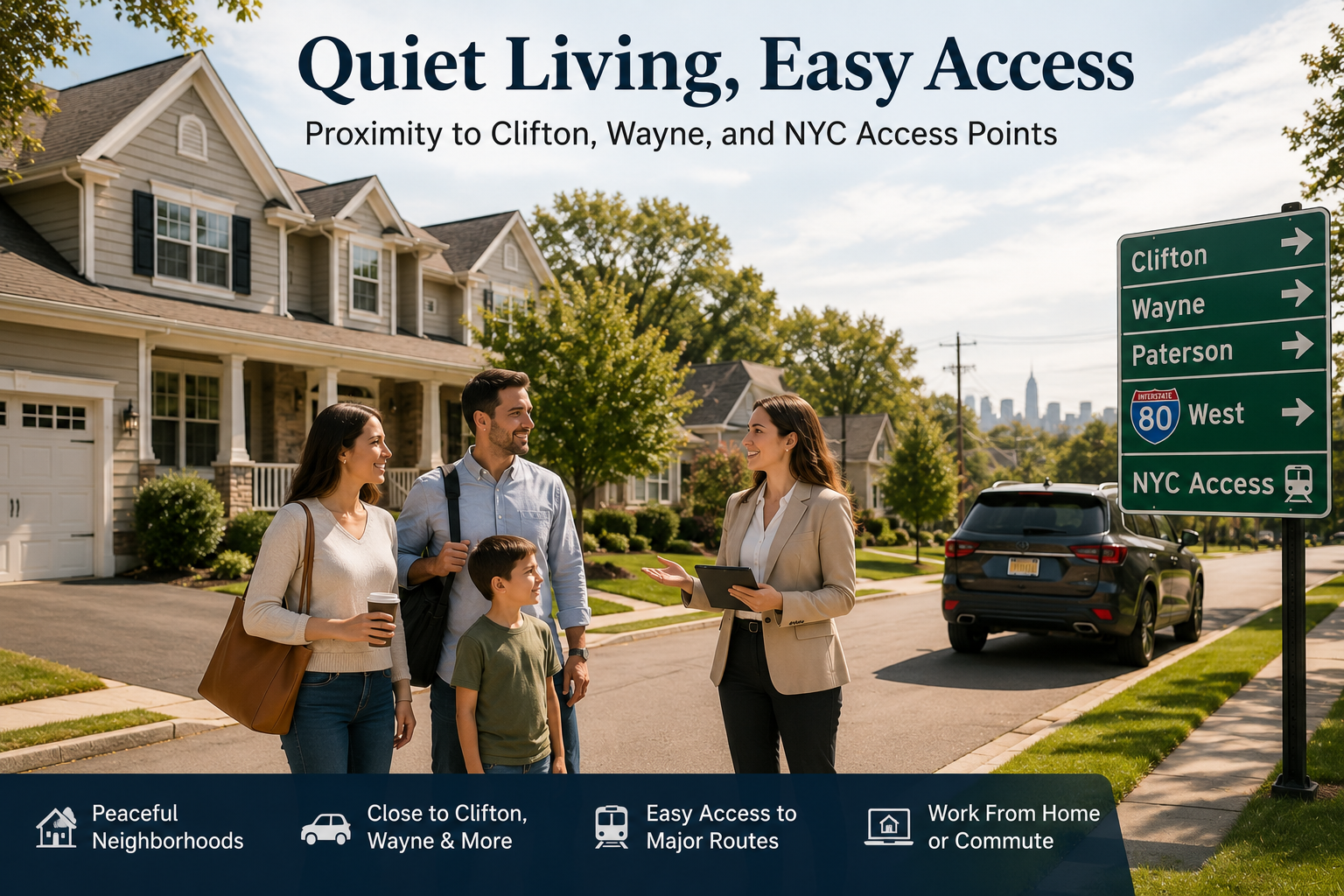 North Haledon commuter lifestyle image showing a suburban home, local advisor, homebuyer family, and easy access to Clifton, Wayne, and NYC routes.