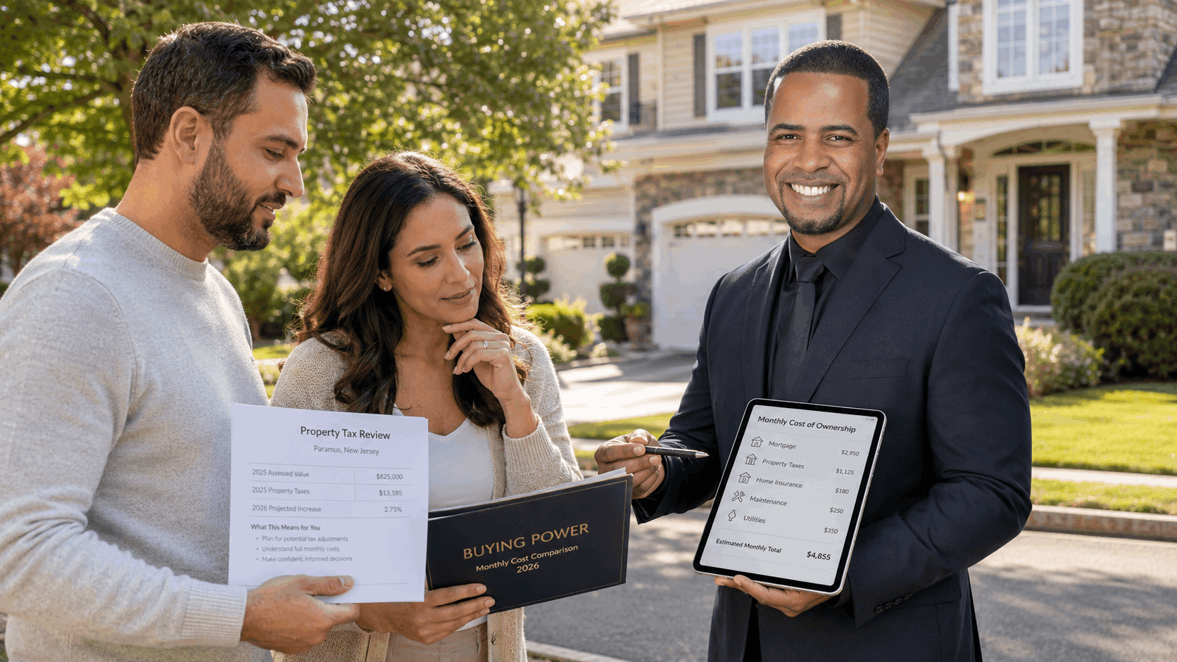 Paramus property tax image showing Johnny Rodriguez reviewing buying power, monthly costs, and homeownership expenses with buyers outside a Bergen County home.