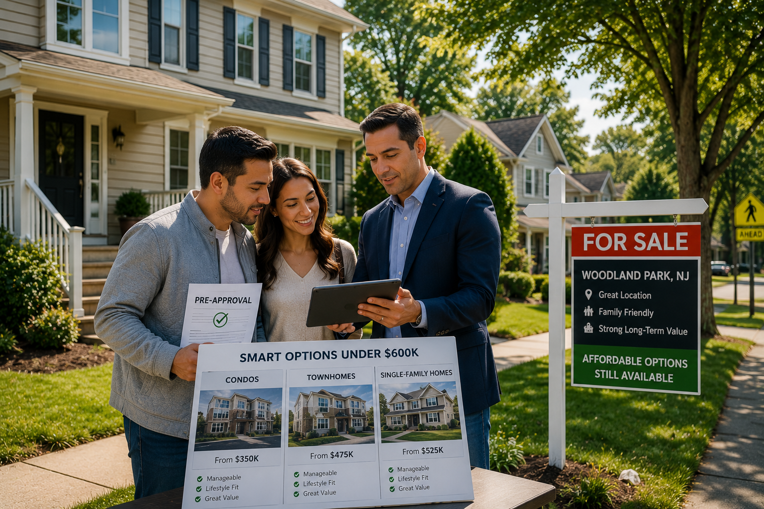 Woodland Park under $600K homebuyer strategy image showing a local advisor reviewing pre-approval and property options with buyers outside a North Jersey home.