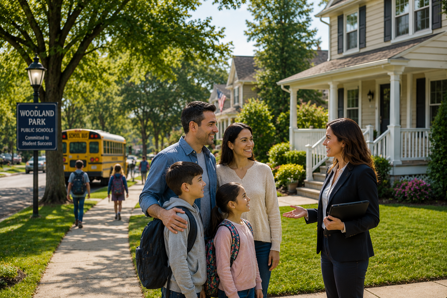 Woodland Park family stability image showing homebuyers with children and a local advisor near a welcoming suburban home, school bus, and tree-lined neighborhood.