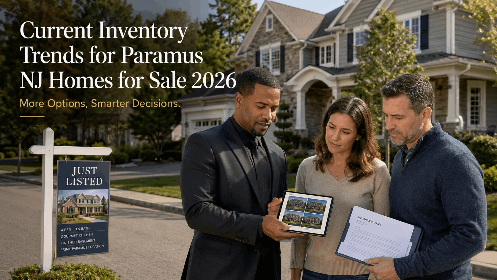 Paramus inventory trends image showing Johnny Rodriguez reviewing listings and a pre-approval letter with buyers outside a Just Listed Bergen County home.