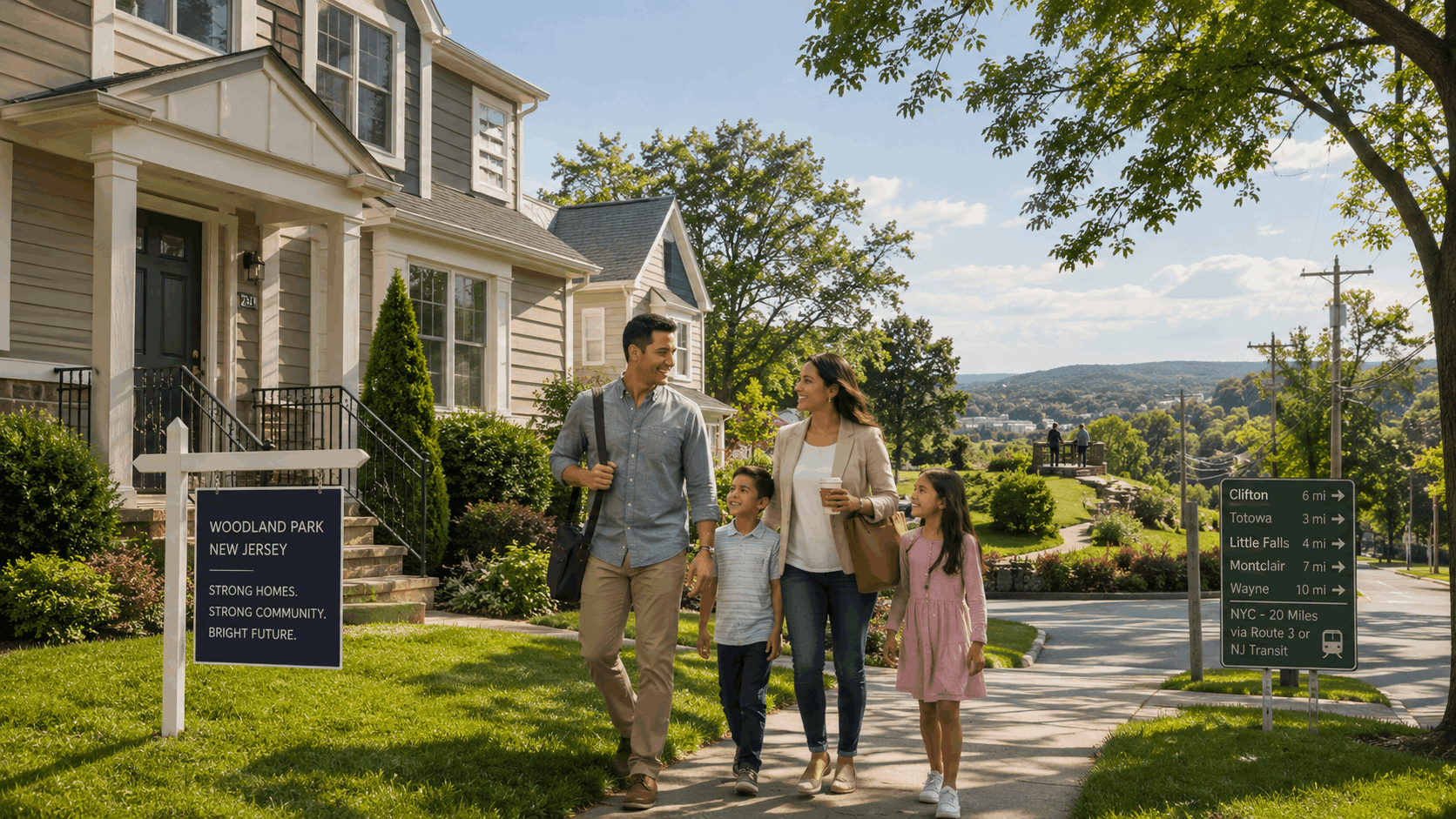 Woodland Park housing market image showing a family walking near a welcoming North Jersey home with Garret Mountain views and commuter access details.