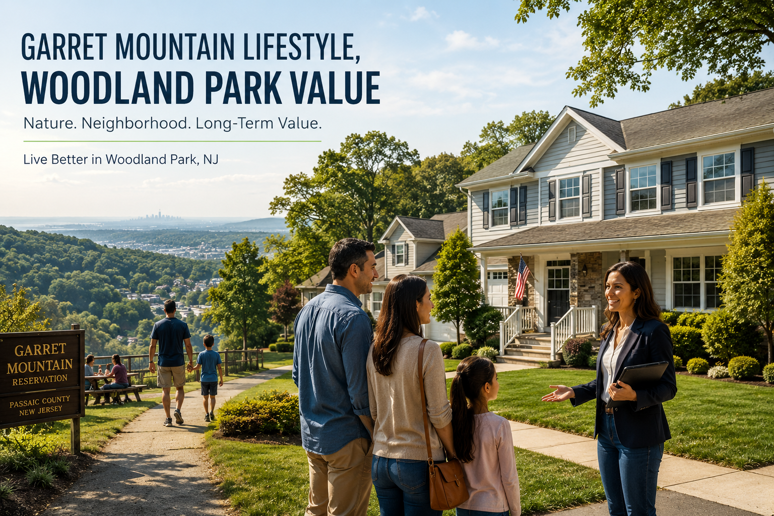 Woodland Park real estate image showing a family and local advisor near a welcoming home with Garret Mountain views, outdoor trails, and long-term neighborhood value.