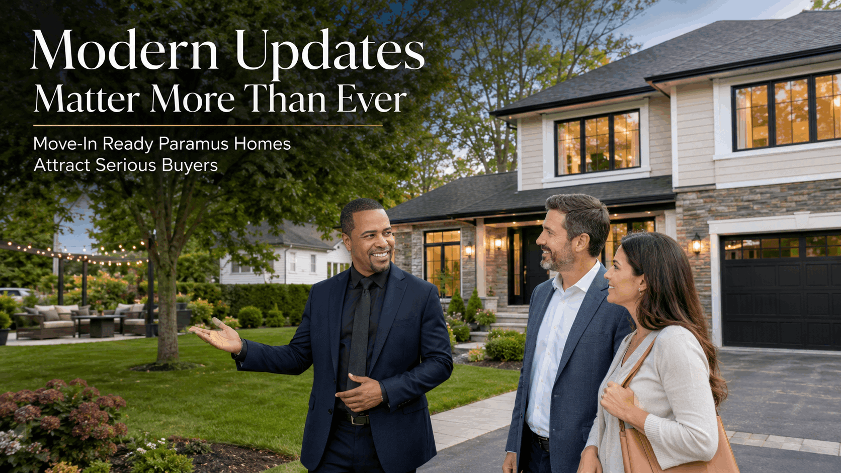 Paramus modernized home image showing Johnny Rodriguez advising buyers outside an updated Bergen County family home with strong curb appeal and move-in ready appeal.