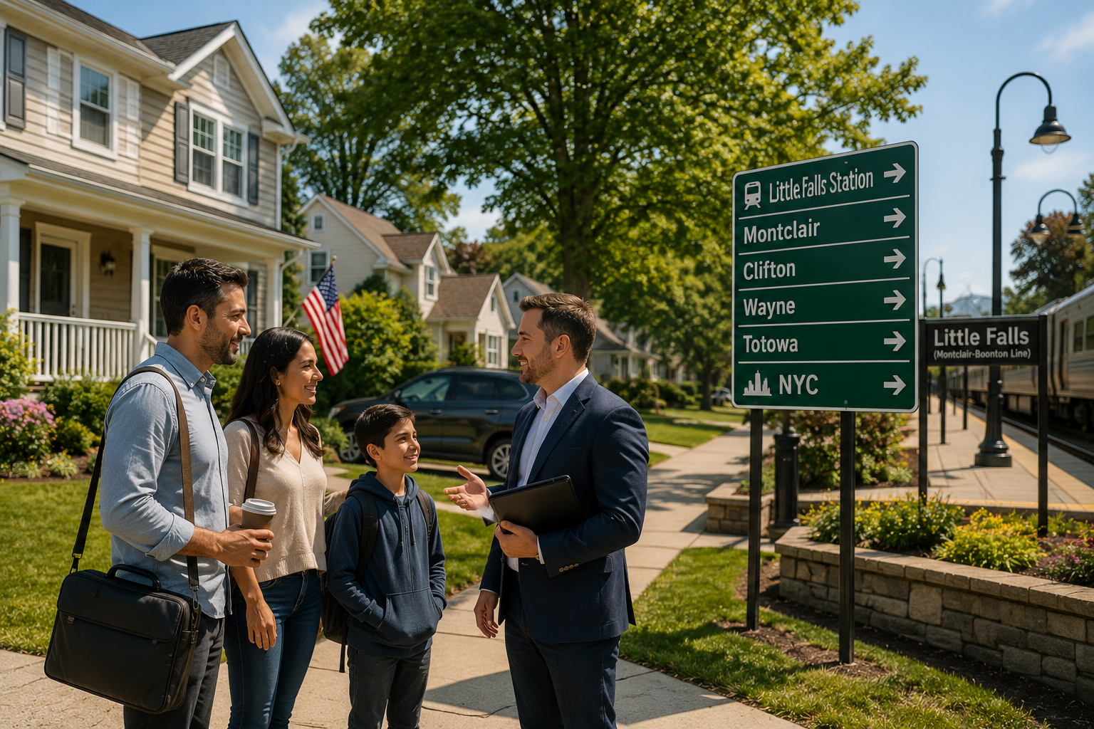 Woodland Park commuter lifestyle image showing a family and local real estate advisor near a suburban home with Little Falls Station, NYC access, and nearby town route signs.