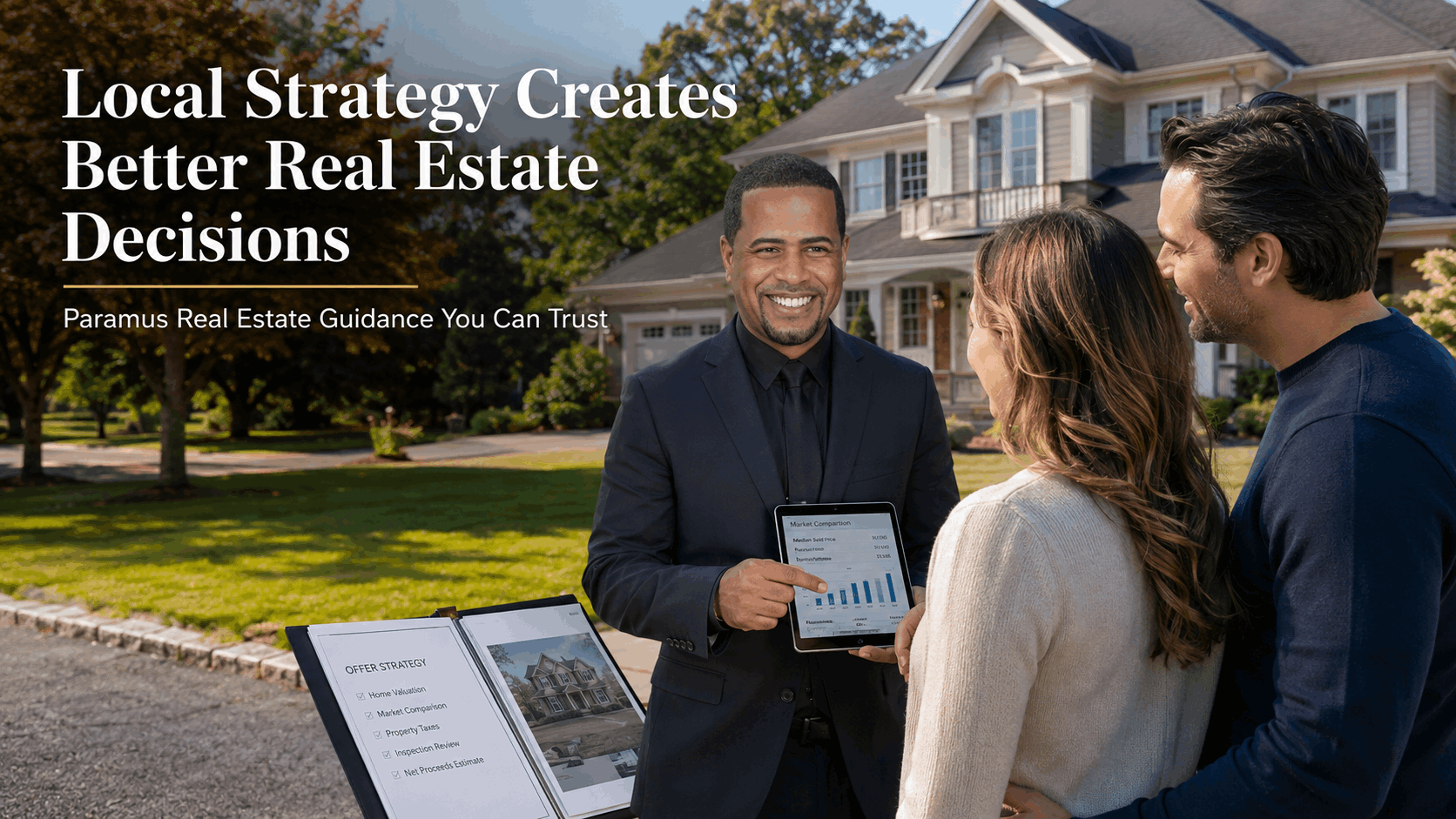 Paramus local real estate expert image showing Johnny Rodriguez advising buyers with market strategy, offer guidance, and home value insights outside a Bergen County home.