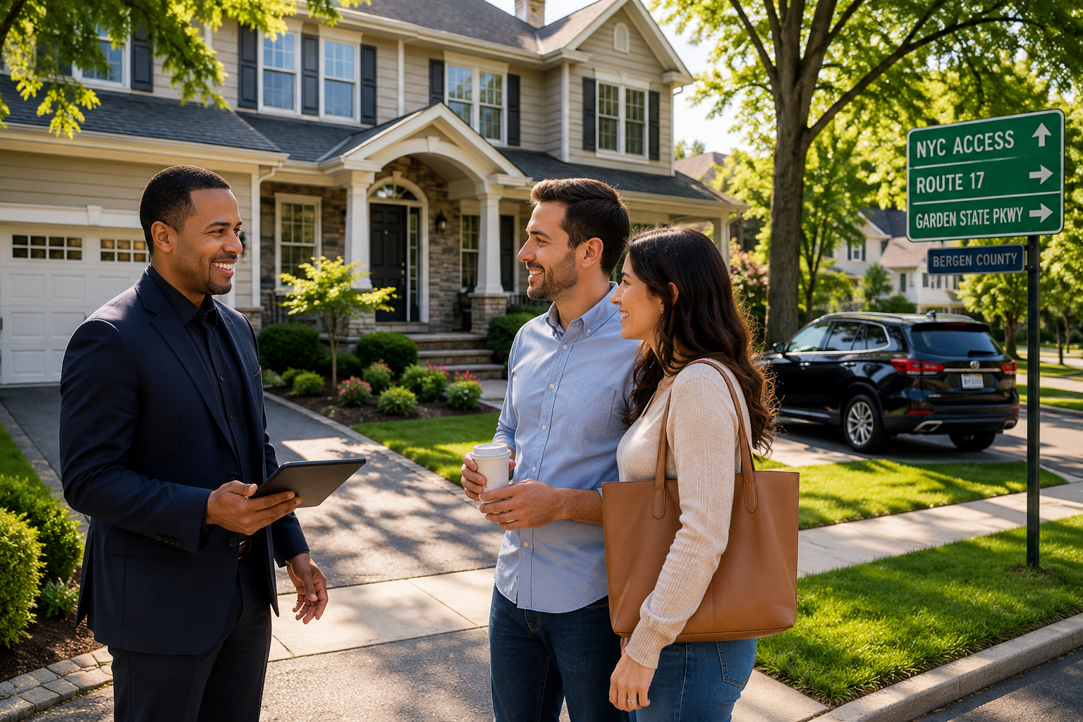 Paramus NYC commuter lifestyle image showing Johnny Rodriguez advising buyers outside a Bergen County family home with Route 17 and Garden State Parkway access signs.