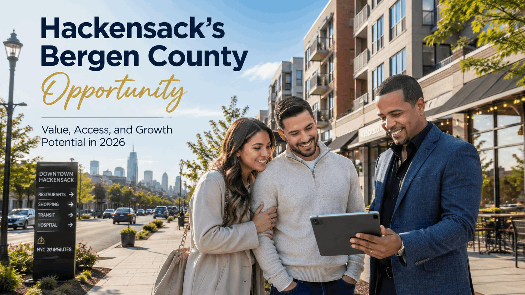Johnny Rodriguez guiding first-time buyers in downtown Hackensack near modern apartments and storefronts, highlighting Bergen County affordability, NYC access, and Hackensack housing market growth in 2026.