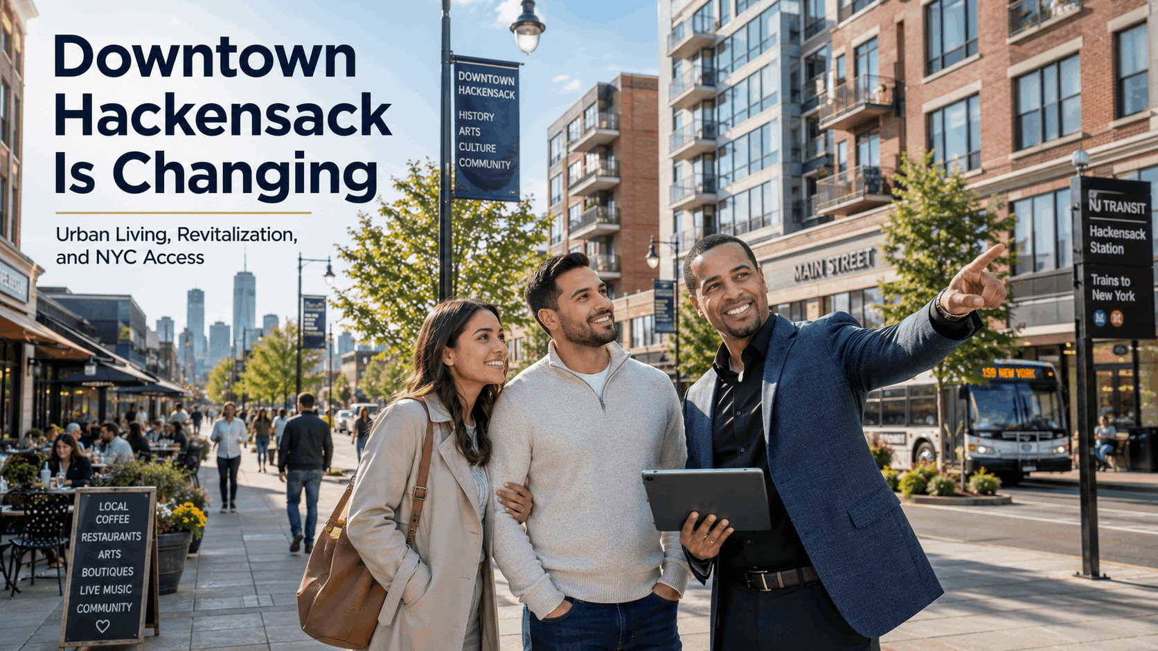 Johnny Rodriguez showing first-time buyers downtown Hackensack revitalization with modern apartments, Main Street storefronts, transit access, and urban living opportunities in Bergen County.