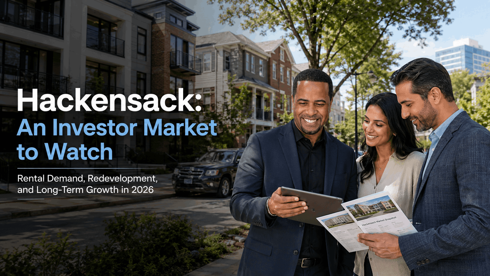 Johnny Rodriguez advising real estate investors in Hackensack near modern apartments and multi-family homes, highlighting rental demand, redevelopment, and long-term Bergen County market growth in 2026.