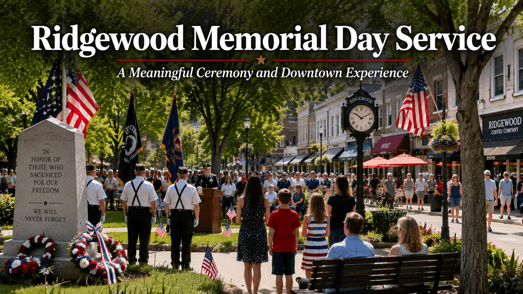 Ridgewood Memorial Day service in downtown Bergen County with veterans, American flags, families gathered at a memorial, and charming storefronts showing a patriotic North Jersey community experience.