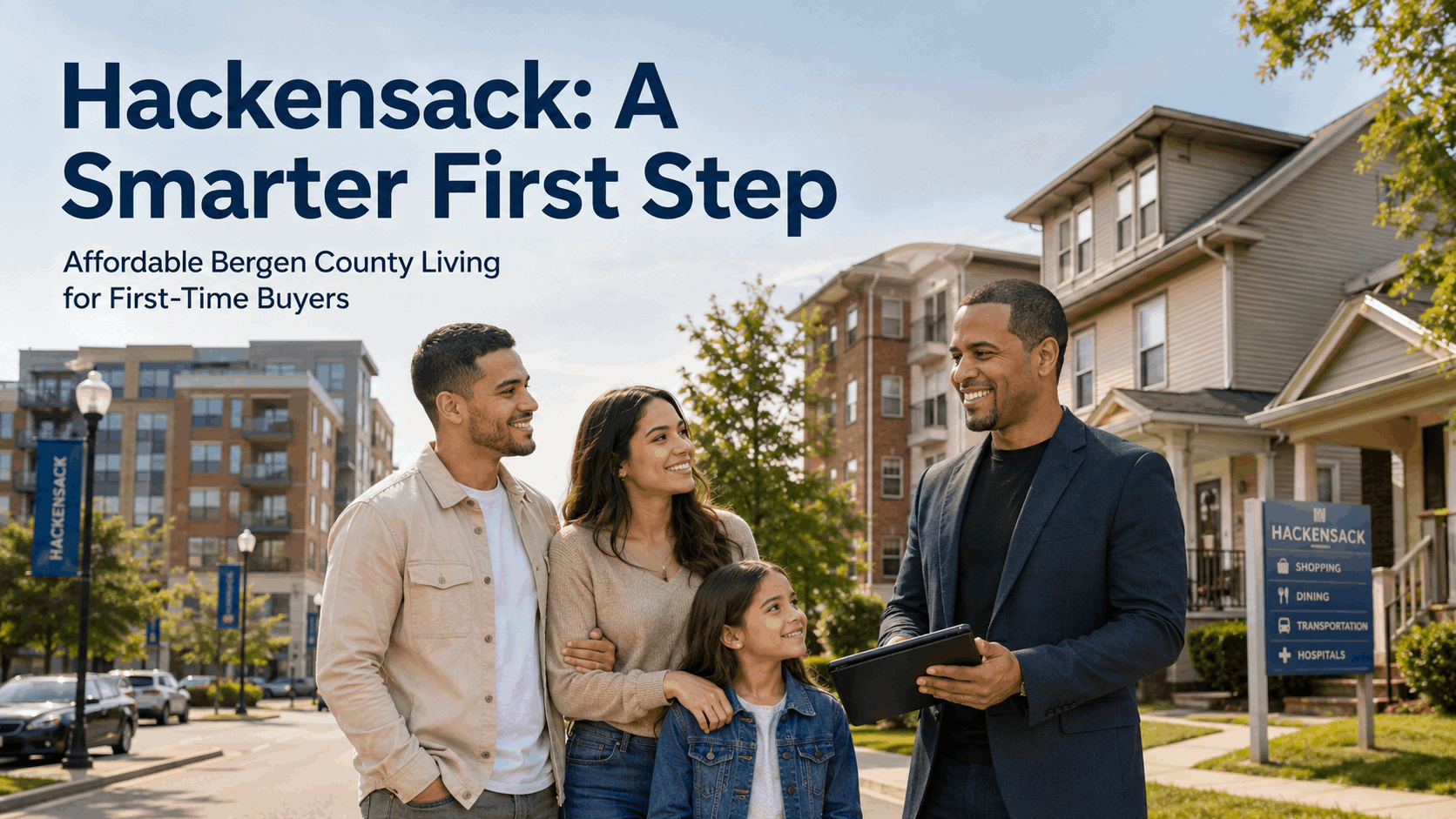 Johnny Rodriguez advising a first-time buyer family in Hackensack near condos, single-family homes, and multi-family properties, highlighting affordable Bergen County living and smart homebuying opportunities in 2026.