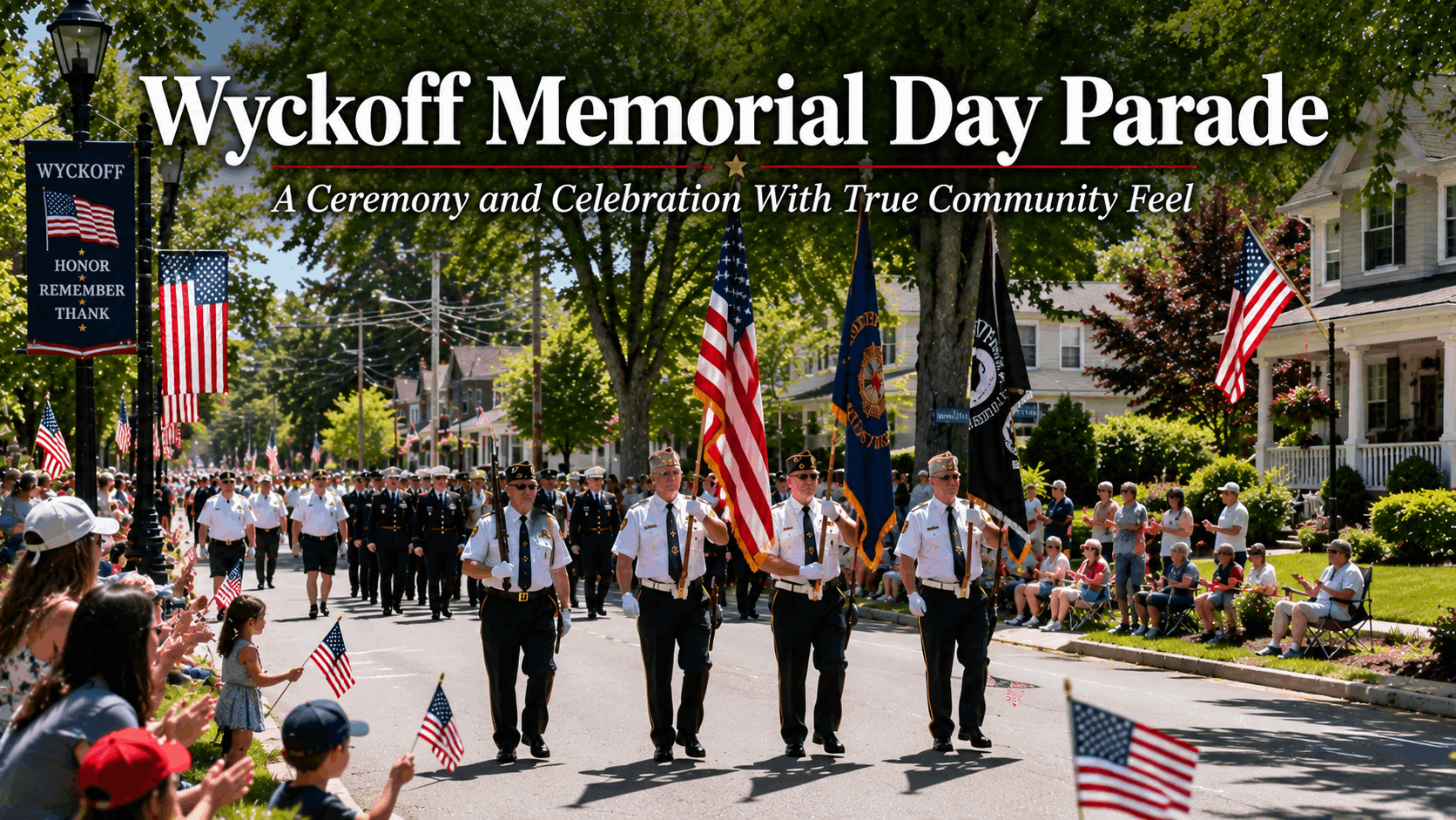 Wyckoff Memorial Day Parade in Bergen County with veterans marching, American flags, families watching along a tree-lined suburban street, and a respectful North Jersey community ceremony.