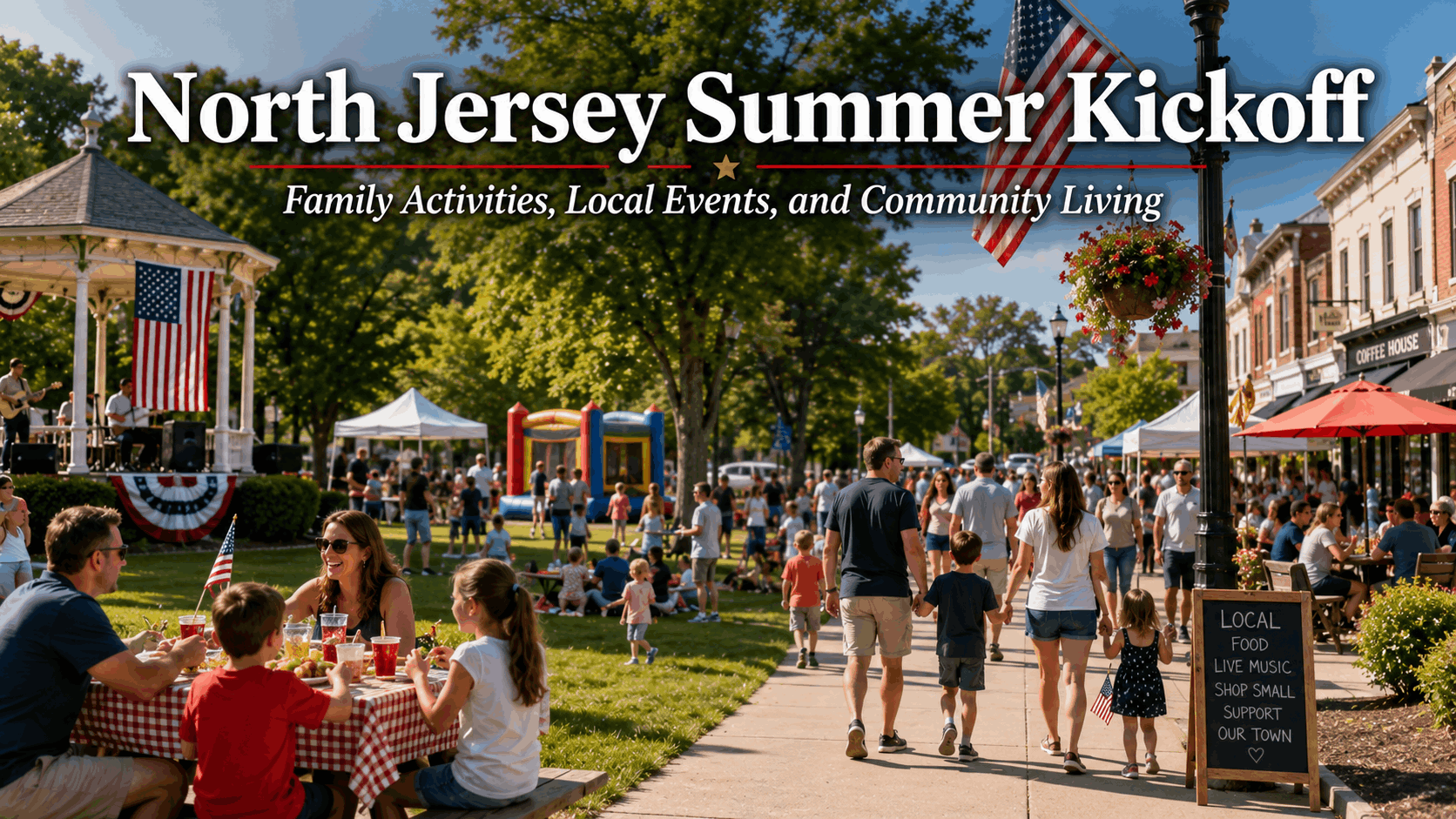 North Jersey summer kickoff event with families enjoying a Memorial Day weekend street fair, BBQ picnic, local vendors, American flags, and a walkable community setting with parks and storefronts.