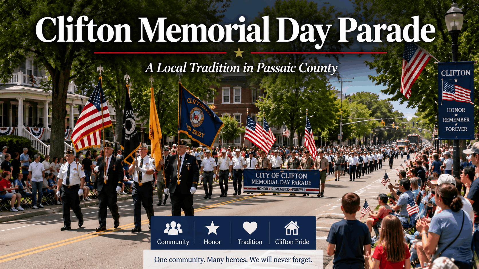 Clifton Memorial Day Parade in Passaic County with veterans marching, American flags, families watching along a suburban street, and a patriotic North Jersey community honoring Memorial Day traditions.
