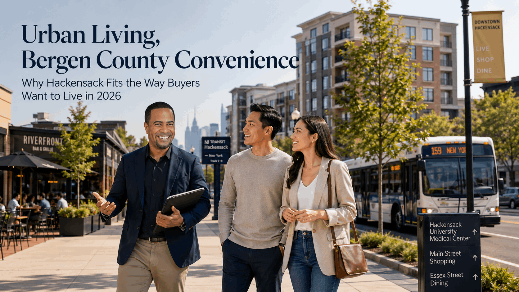 Johnny Rodriguez walking with buyers in downtown Hackensack near modern apartments, restaurants, transit signs, and medical services, highlighting urban living, Bergen County convenience, and NYC access in 2026.