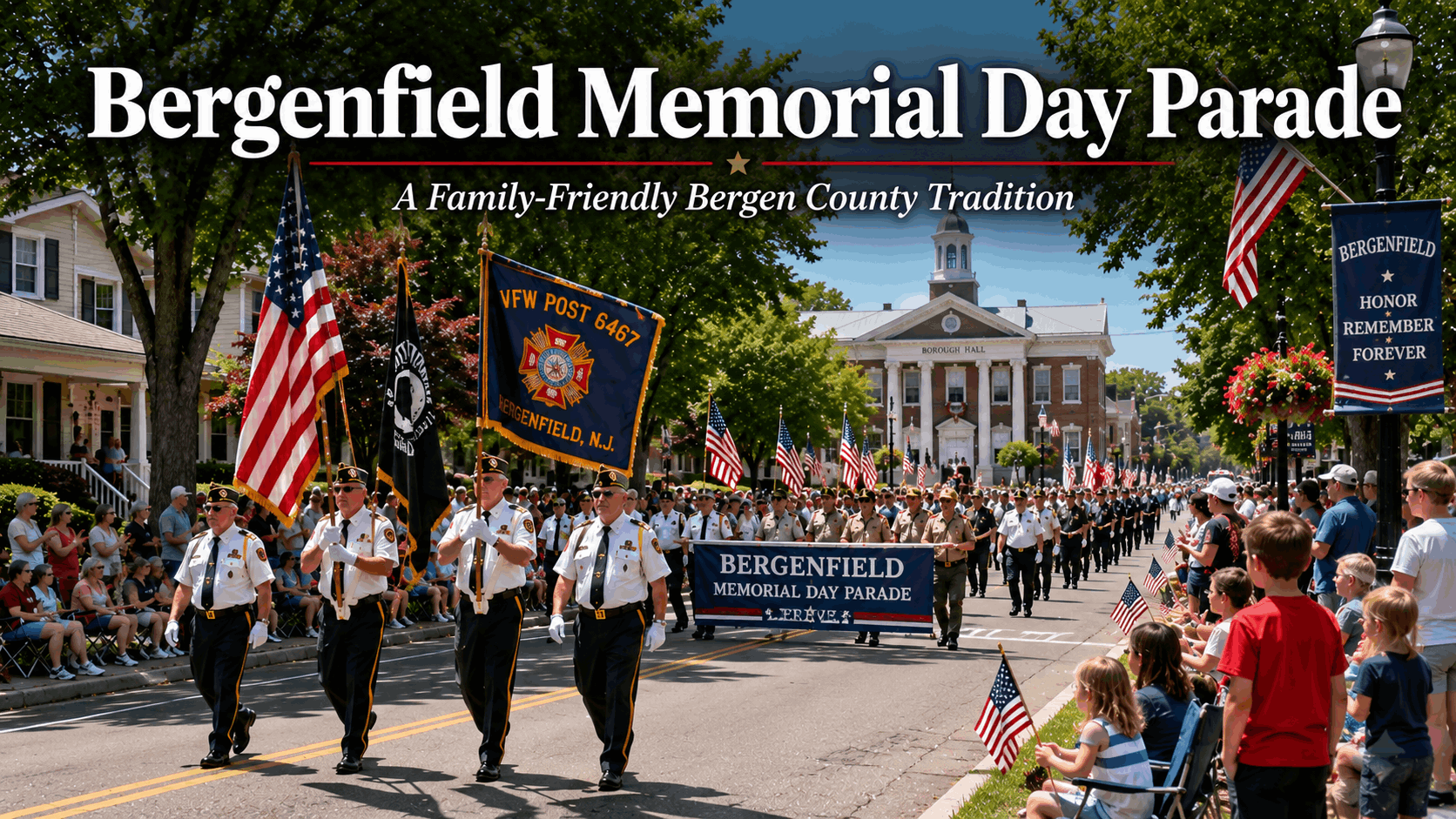 Bergenfield Memorial Day Parade in Bergen County with veterans marching, American flags, families watching along a tree-lined suburban street, and a patriotic North Jersey community honoring local heroes.