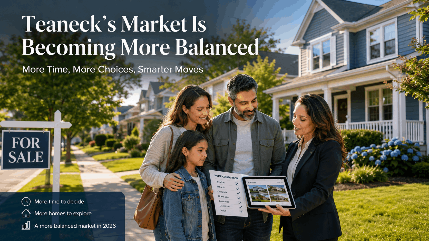 Diverse family reviewing Teaneck home options with a real estate advisor in front of a suburban home, highlighting a more balanced 2026 Teaneck housing market with more time, more choices, and buyer opportunity.