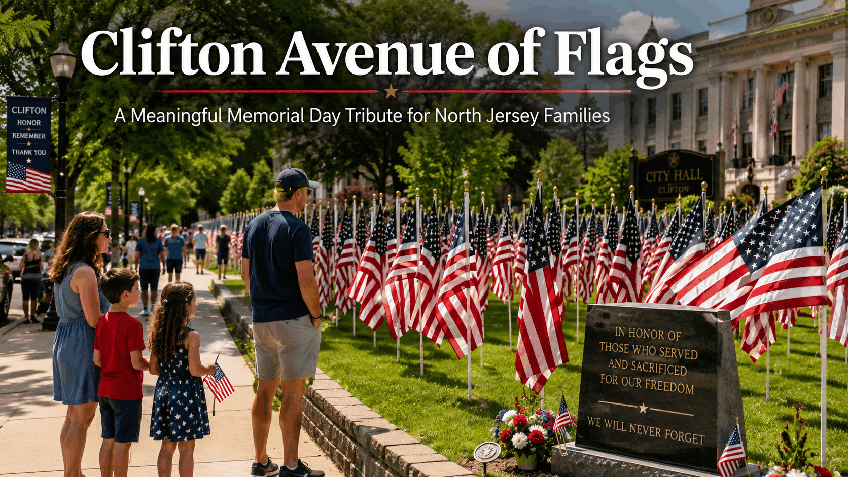 Clifton Avenue of Flags Memorial Day tribute with American flags on City Hall grounds, families walking respectfully, and a patriotic North Jersey community setting honoring veterans.