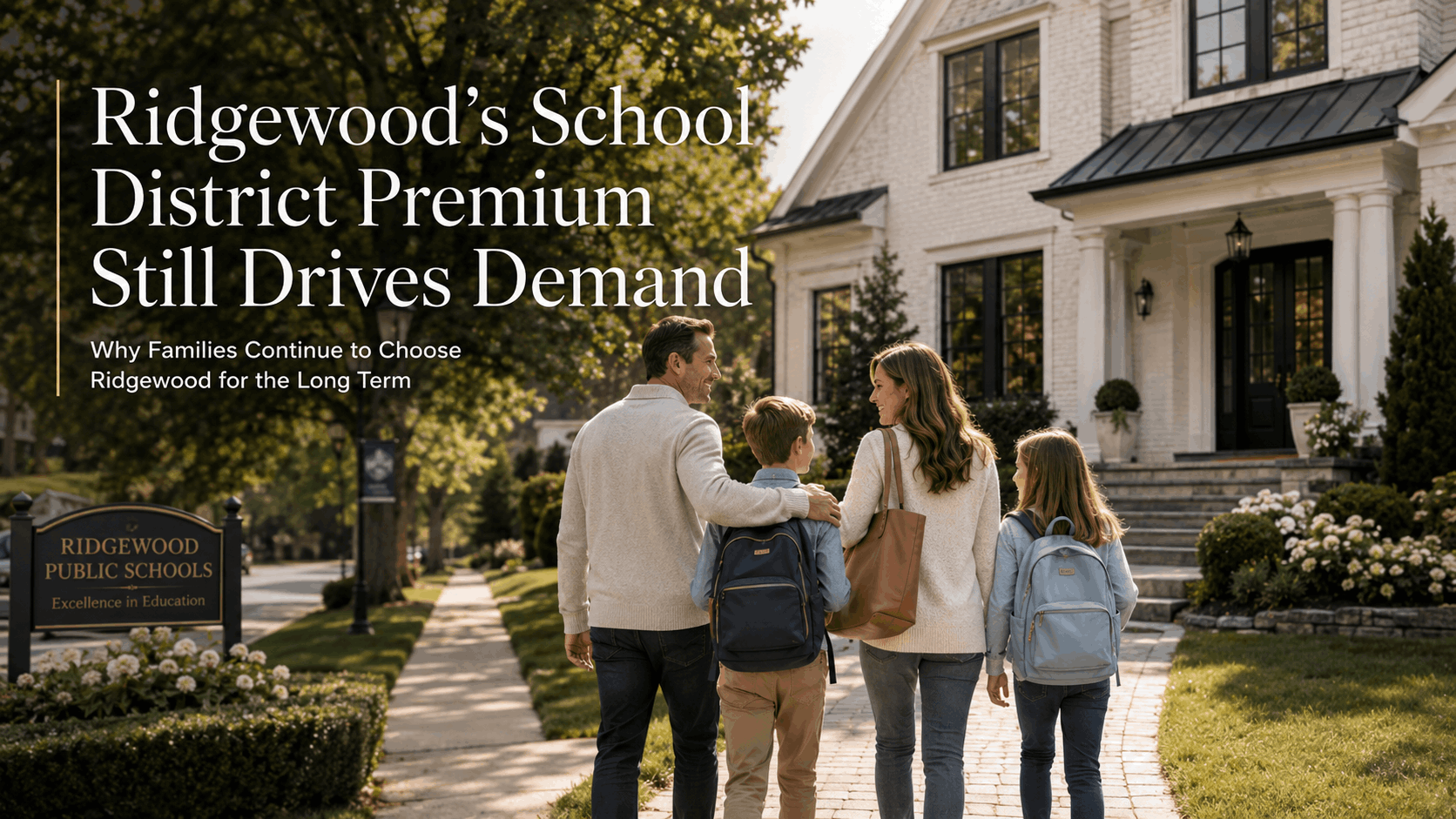 Family walking toward a luxury Ridgewood home near a public school sign, highlighting top-rated schools, family demand, Bergen County prestige, and long-term value in the 2026 Ridgewood housing market.