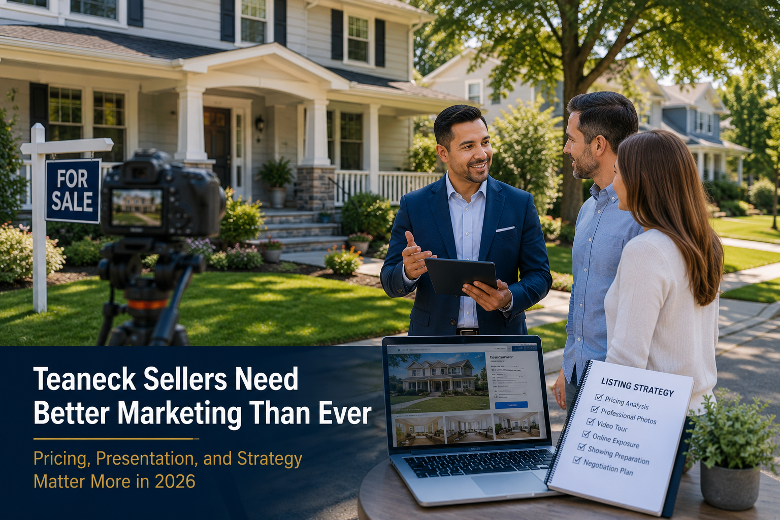 Real estate advisor reviewing a Teaneck listing strategy with sellers outside a suburban home, highlighting pricing, professional photos, video marketing, online exposure, and better seller preparation in 2026.