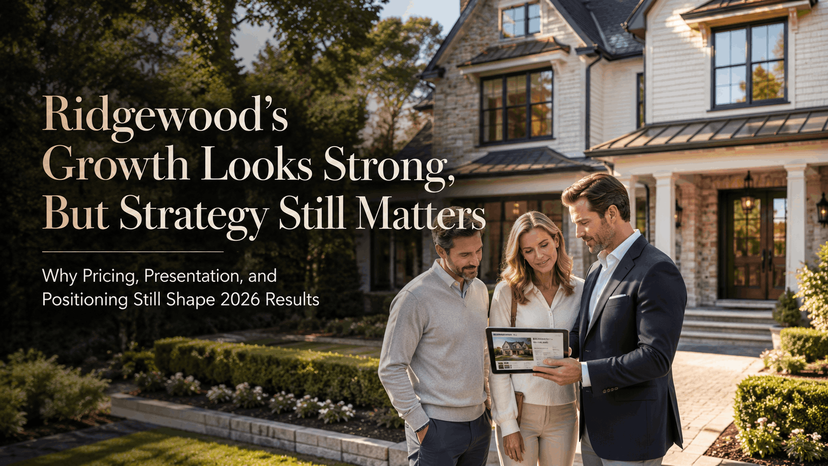 Luxury Ridgewood home buyers reviewing market strategy with a real estate advisor outside an upscale Bergen County property, highlighting strong 2026 growth, smart pricing, presentation, positioning, and long-term value.