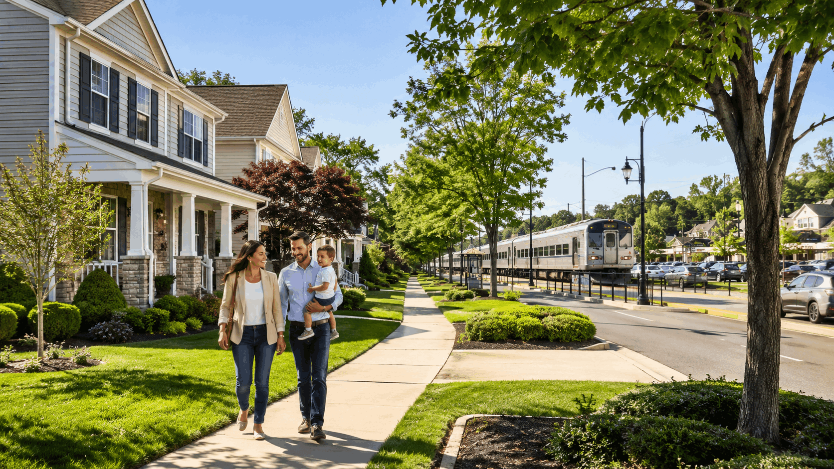 Family walking near a Fair Lawn NJ home and commuter train station, highlighting NJ Transit access, suburban space, and buyer demand in 2026.