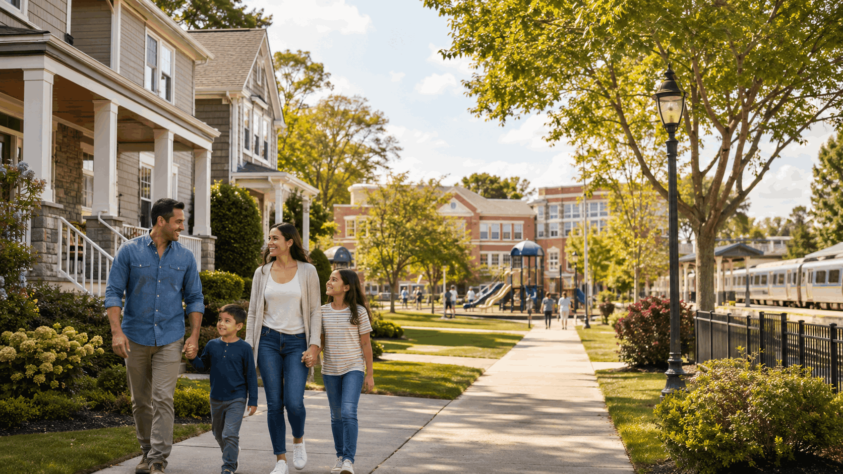 Diverse family walking through a Fair Lawn NJ neighborhood near homes, parks, schools, and commuter transit, highlighting why buyers value lifestyle and location.