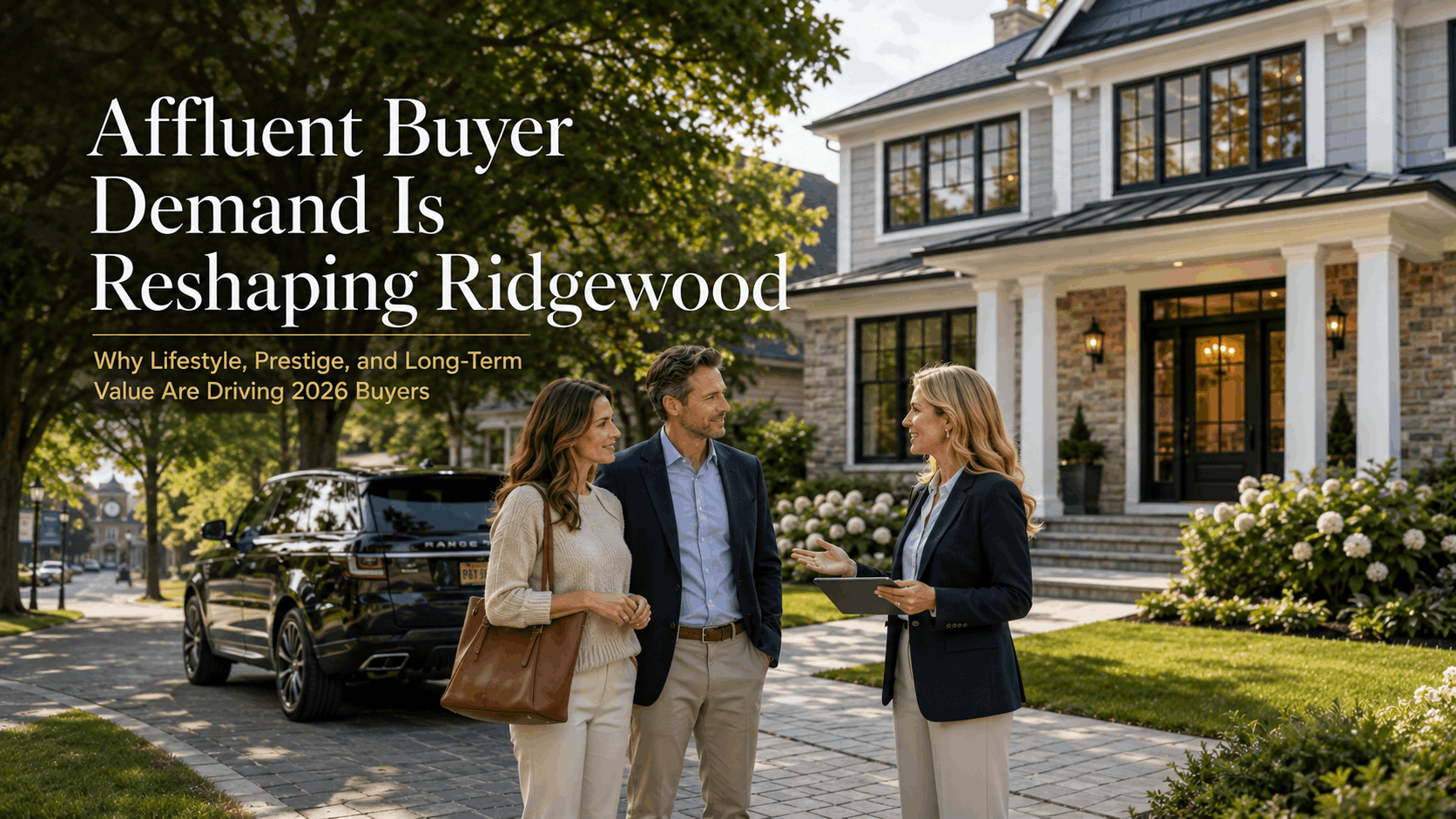 Affluent buyers touring a luxury Ridgewood home with a real estate advisor, highlighting Bergen County prestige, lifestyle-driven demand, long-term value, and the 2026 Ridgewood housing market.