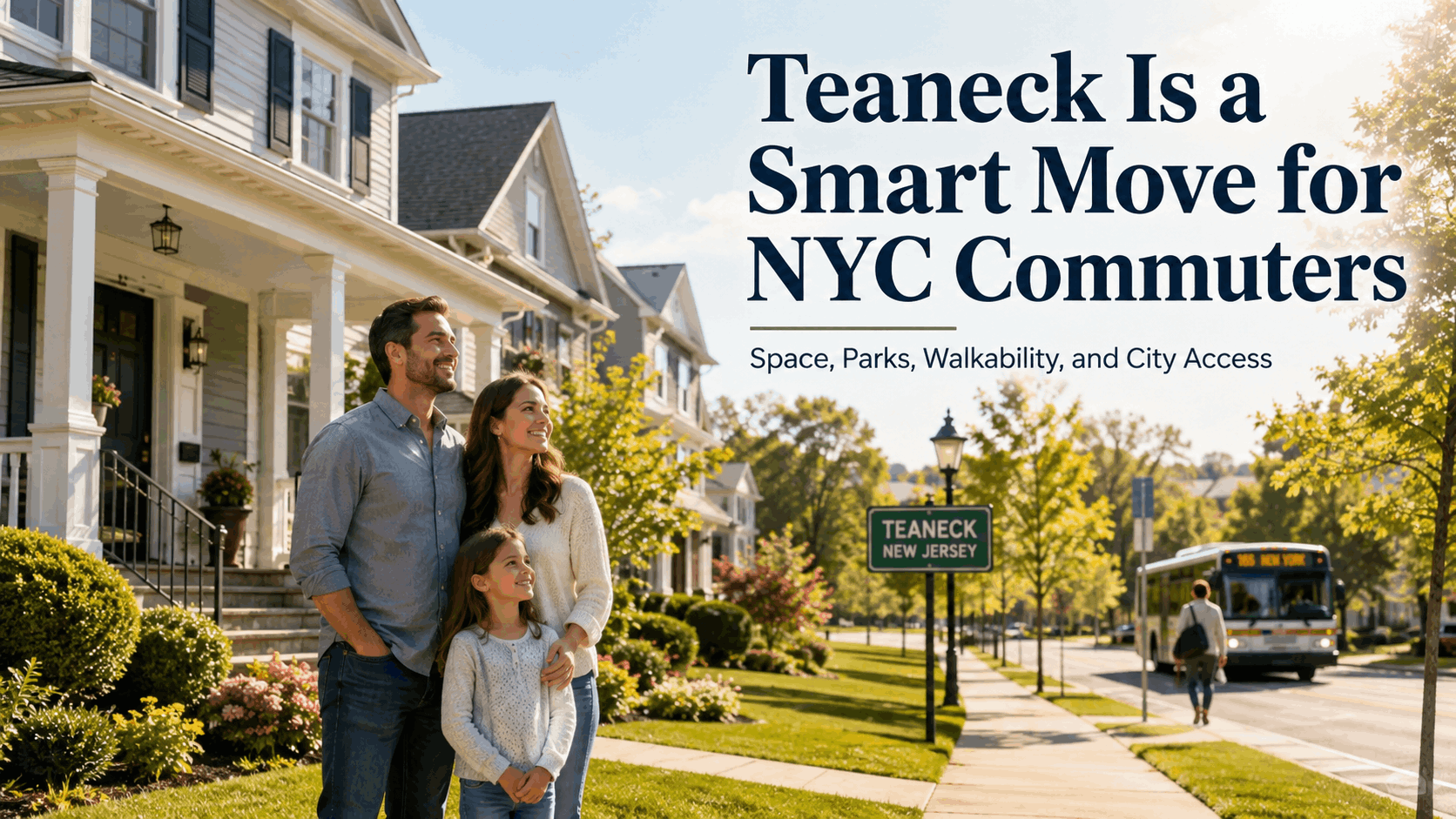 Family standing outside a Teaneck suburban home near an NJ Transit bus route, highlighting NYC commuter convenience, walkable streets, parks, and Bergen County suburban living in 2026.