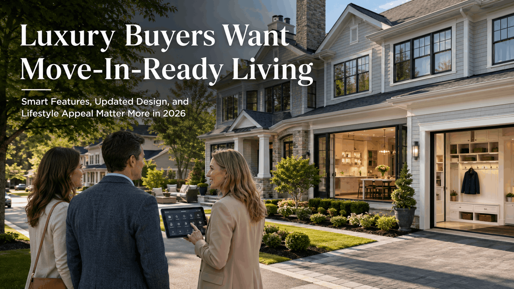 Luxury buyers touring a move-in-ready Ridgewood home with smart-home features, updated kitchen, modern entryway, and upscale outdoor living, highlighting 2026 demand for updated luxury homes in Bergen County.