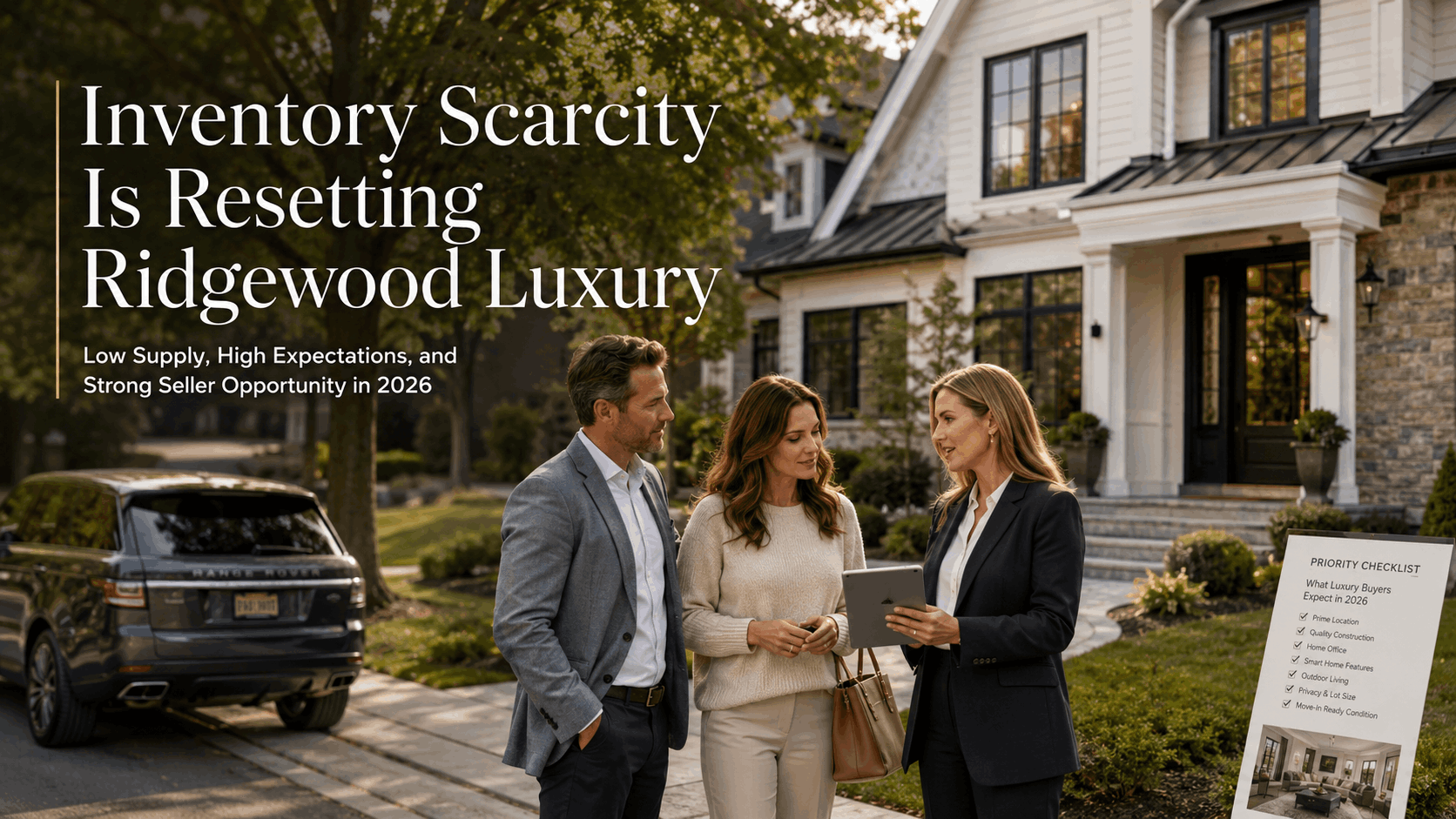 Luxury Ridgewood home consultation with buyers and real estate advisor outside an upscale Bergen County property, highlighting low inventory, strong seller opportunity, high buyer expectations, and 2026 luxury housing market demand.